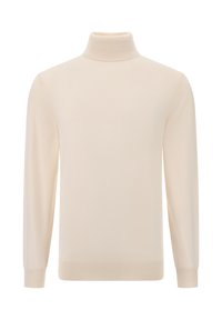 Bēša augstais kakls džemperis mīkstā ribotā dzijas audumā. Pieguļošas garās piedurknes ar gludu tekstūru un vieglu spīdumu. Nav rakstu vai akcentu.