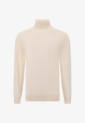 Suéter de cuello alto beige en un suave tejido acanalado. Mangas largas ajustadas con una textura lisa y un sutil brillo. Sin patrones ni adornos.