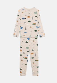 Σετ πιτζάμες δύο τεμαχίων σε ανοιχτό μπεζ χρώμα με πολύχρωμα σχέδια από βάρκες και ιστιοπλοϊκά. Κατασκευασμένο από μαλακό ύφασμα, αποτελείται από μπλούζα μακρυμάνικη και παντελόνι με ελαστική μέση.