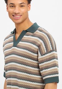 Bruine en groene gestreepte polo t-shirt met korte mouwen, voorzien van een V-hals en een gestructureerde stof met een zigzagpatroon.