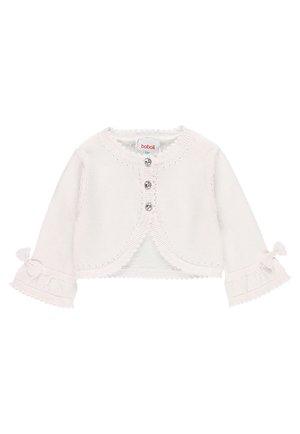 White knitted cardigan with three buttons, ruffled sleeves, and bow accents. Features a round neckline and decorative stitching along edges.