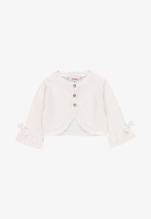 Hvid strikket cardigan med tre knapper, flæser på ærmerne og sløjfe detaljer. Har en rund halsudskæring og dekorative syninger langs kanterne.