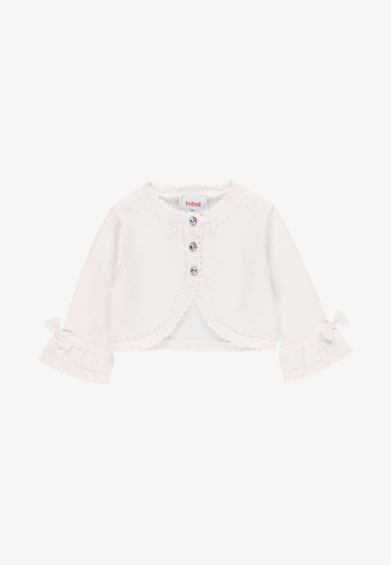 White knitted cardigan with three buttons, ruffled sleeves, and bow accents. Features a round neckline and decorative stitching along edges.