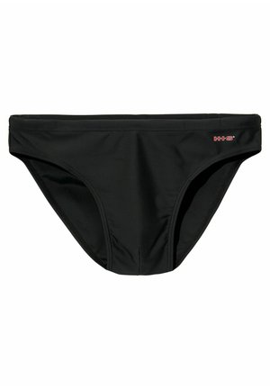 Schwarze Schwimmbrieftaschen aus glattem Material, mit einem niedrigen Schnitt und einem flachen Bund. Kleines rotes Logo an der Seite.