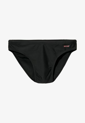 Schwarze Schwimmbrieftaschen aus glattem Material, mit einem niedrigen Schnitt und einem flachen Bund. Kleines rotes Logo an der Seite.