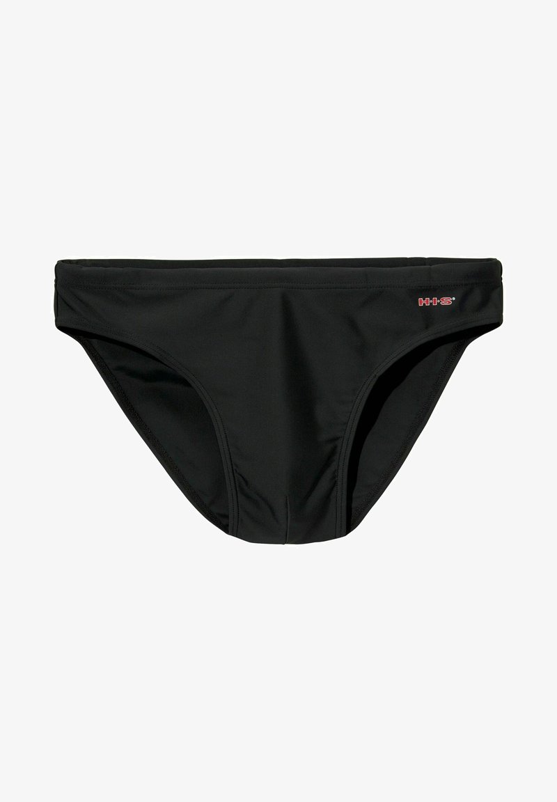 Schwarze Schwimmbrieftaschen aus glattem Material, mit einem niedrigen Schnitt und einem flachen Bund. Kleines rotes Logo an der Seite.