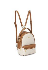 Rudos ir kreminės spalvos kuprinė su aukso spalvos detalėmis, tekstūruotos dirbtinės odos, apvalios formos, su priekiu užtraukiama kišene ir reguliuojamais dirželiais.