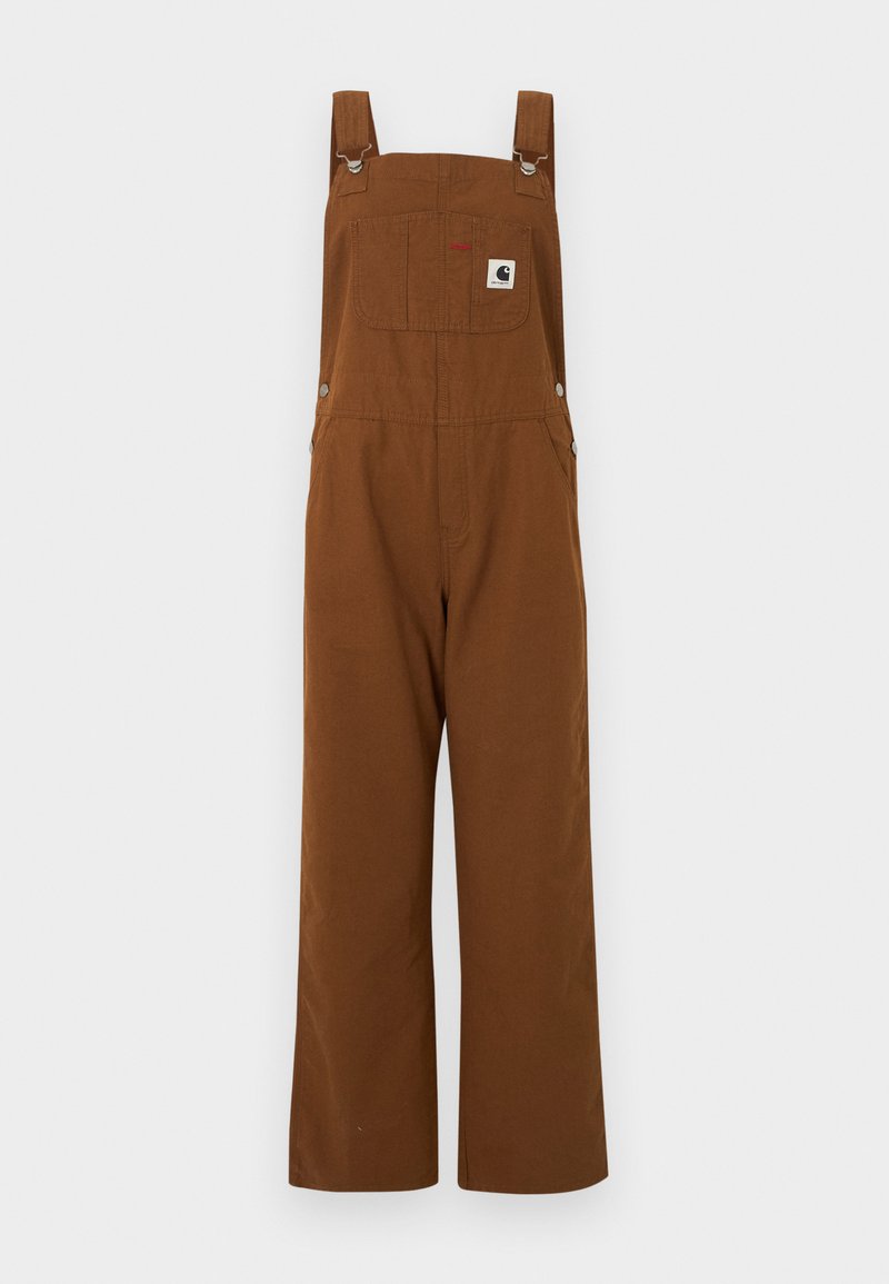Brown durable workwear overalls with adjustable shoulder straps, front chest pocket, and side metal buttons.