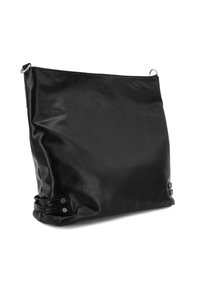 Borsa a tracolla in pelle nera con finitura liscia, forma rettangolare e dettagli in metallo a scatto negli angoli inferiori.