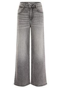 Weite Jeans in verblichenem schwarzem Denim. Verfügt über eine hohe Taille, Knopfverschluss, Vordertaschen und sichtbare Nähte entlang der Nähte.