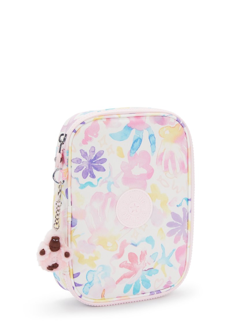 Blommönstrad påse i pastellfärger med en rosa dragkedja, rundade kanter och en fluffig charm fäst vid dragkedjan.