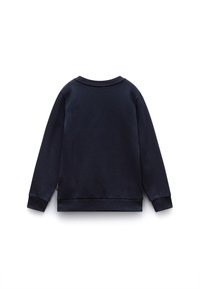 Felpa blu navy con colletto tondo e polsini a coste. Tessuto morbido con una superficie liscia, con un piccolo etichetta del marchio sul lato.