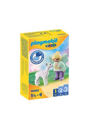 Playmobil 1-2-3 set includes a fairy figure with blonde hair, a green top, and a white deer with pink spots, packaged in a colorful box.