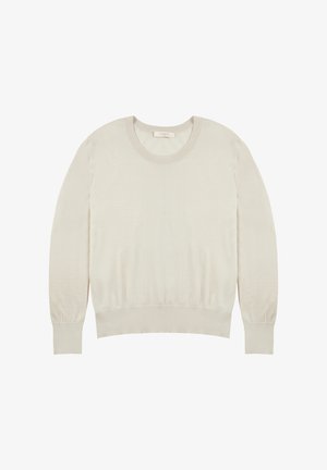 Helle beige gestrickte Pullover mit Rundhalsausschnitt, langen Ärmeln und Rippsäumchen. Weicher Stoff, tailliert und minimalistisches Design.