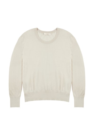 Helle beige gestrickte Pullover mit Rundhalsausschnitt, langen Ärmeln und Rippsäumchen. Weicher Stoff, tailliert und minimalistisches Design.
