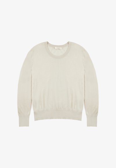 Pull en tricot beige clair avec un col rond, des manches longues et des poignets côtelés. Texture douce, ajusté à la taille, et design minimaliste.