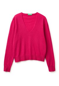 Maglione rosa acceso a maniche lunghe con scollo a V, polsini e orlo a coste, disteso su uno sfondo bianco.