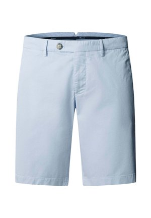 Hellblaue Herren-Kniebundshorts mit Knopfverschluss und Gürtelschlaufen, vor weißem Hintergrund präsentiert.