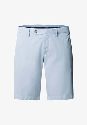 Hellblaue Herren-Kniebundshorts mit Knopfverschluss und Gürtelschlaufen, vor weißem Hintergrund präsentiert.