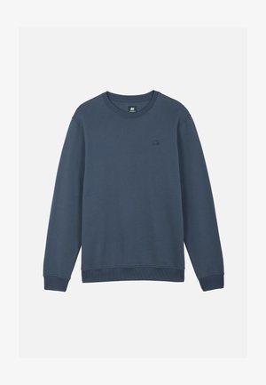 Sweat-shirt bleu marine à manches longues, col rond, avec poignets et ourlet côtelés, comprenant un petit logo éléphant brodé sur la poitrine gauche.