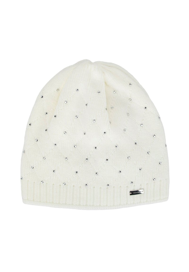 Berretto bianco lavorato a maglia con motivo a diamante, decorato con borchie argento e con bordo a coste. Texture liscia con parte superiore leggermente arricciata.