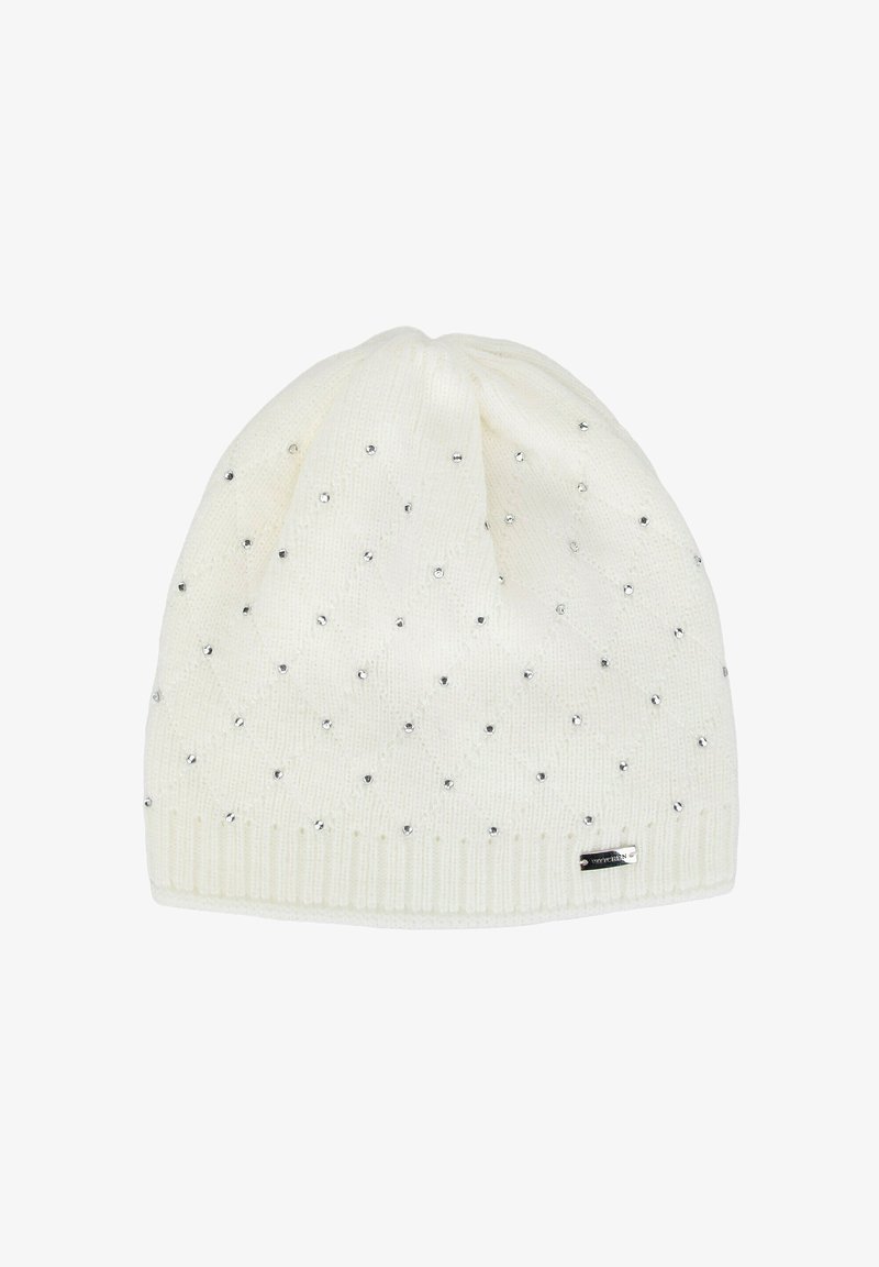 Berretto bianco lavorato a maglia con motivo a diamante, decorato con borchie argento e con bordo a coste. Texture liscia con parte superiore leggermente arricciata.