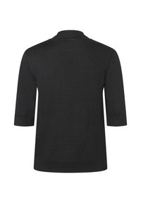 Schwarzer Strickpullover mit hohem Kragen, kurzen Ärmeln und gerippten Bündchen und Saum. Glatte Textur, einfaches Design und keine sichtbaren Muster.