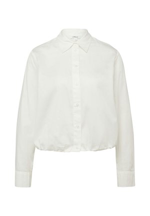 Camicia bianca a maniche lunghe con bottoni, collo classico e orlo elastico, progettata per una vestibilità comoda.