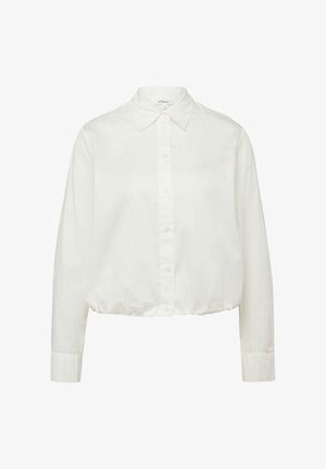 Camicia bianca a maniche lunghe con bottoni, collo classico e orlo elastico, progettata per una vestibilità comoda.