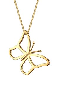Guld sommerfuglevedhængs halskæde med et åbent outline design, der har delikate antenner og en simpel kæde. Glat tekstur og skinnende finish.