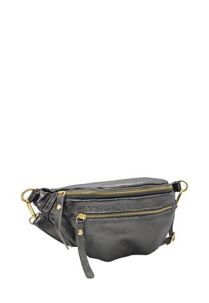 Sac à taille en cuir noir avec deux compartiments zippés, accents en métal de laiton et finition texturée. Sangle réglable pour plus de polyvalence.
