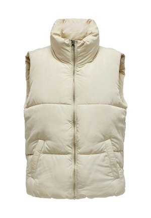 Puffy beige vest met hoge kraag, ritssluiting aan de voorkant en twee zijzakken. Kenmerkt zich door een gequilt patroon voor extra textuur en warmte.