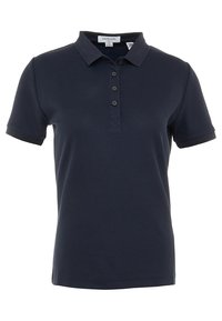 Navy blue polo shirt made of textured fabric. Features a collar, short sleeves, and a placket with three dark buttons.
