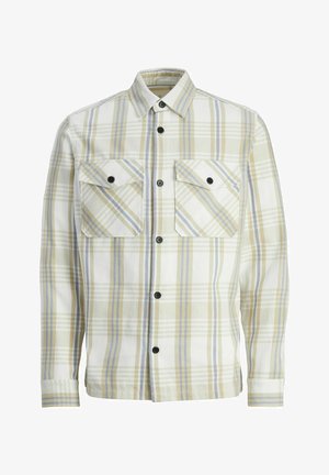 Koszula w kratę w kolorze białym, żółtym i jasnoniebieskim. Posiada czarne guziki, dwie kieszenie na piersi oraz klasyczny kołnierzyk. Teksturowana tkanina.