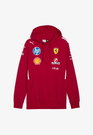 Sweatshirt à capuche rouge en mélange de coton. Présente des accents blancs, une poche kangourou et plusieurs logos : Ferrari, HP, Shell, UniCredit.
