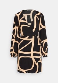 Schwarzes Wickelkleid mit beigen abstrakten Linien, langen Ballonärmel, V-Ausschnitt und einer weichen Textur. Hervorstechend ist das moderne geometrische Muster.