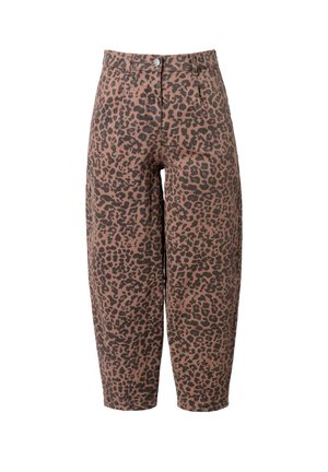 Hoge taille broek met luipaardprint in bruin en zwart, met een enkele knoopsluiting en een relaxte pasvorm met taps toelopende benen.