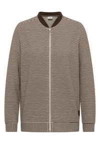 Veste zippée rayée en marron et beige, avec col et poignets côtelés, en tissu doux à la texture lisse.