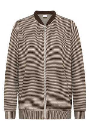 Veste zippée rayée en marron et beige, avec col et poignets côtelés, en tissu doux à la texture lisse.