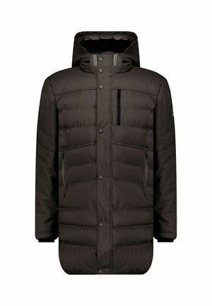 Veste noire matelassée avec capuche, dotée de boutons-pression, d'une poche zippée sur la poitrine et de deux poches avant. Texture lisse.