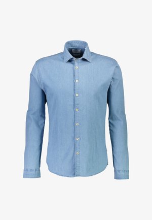 Ljusblå denimskjorta med långa ärmar, klassisk krage, knapplåsning framtill och rundad nederkant. Har subtila sömmar och knappdetaljer.