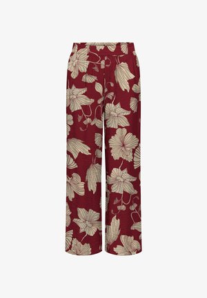 Vörös virágmintás, bőszárú nadrág, mely textúrált anyagból készült, rugalmas derékkal és krémszínű virágmintákkal, amelyek részletes vonalvezetésűek.