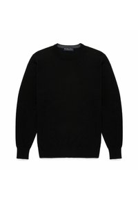 Pullover nero realizzato in morbido tessuto a maglia, con maniche lunghe, colletto rotondo e polsini e orlo a costine. Design semplice e classico senza motivi.