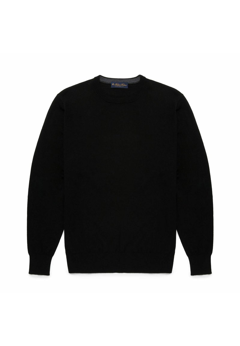 Pullover nero realizzato in morbido tessuto a maglia, con maniche lunghe, colletto rotondo e polsini e orlo a costine. Design semplice e classico senza motivi.