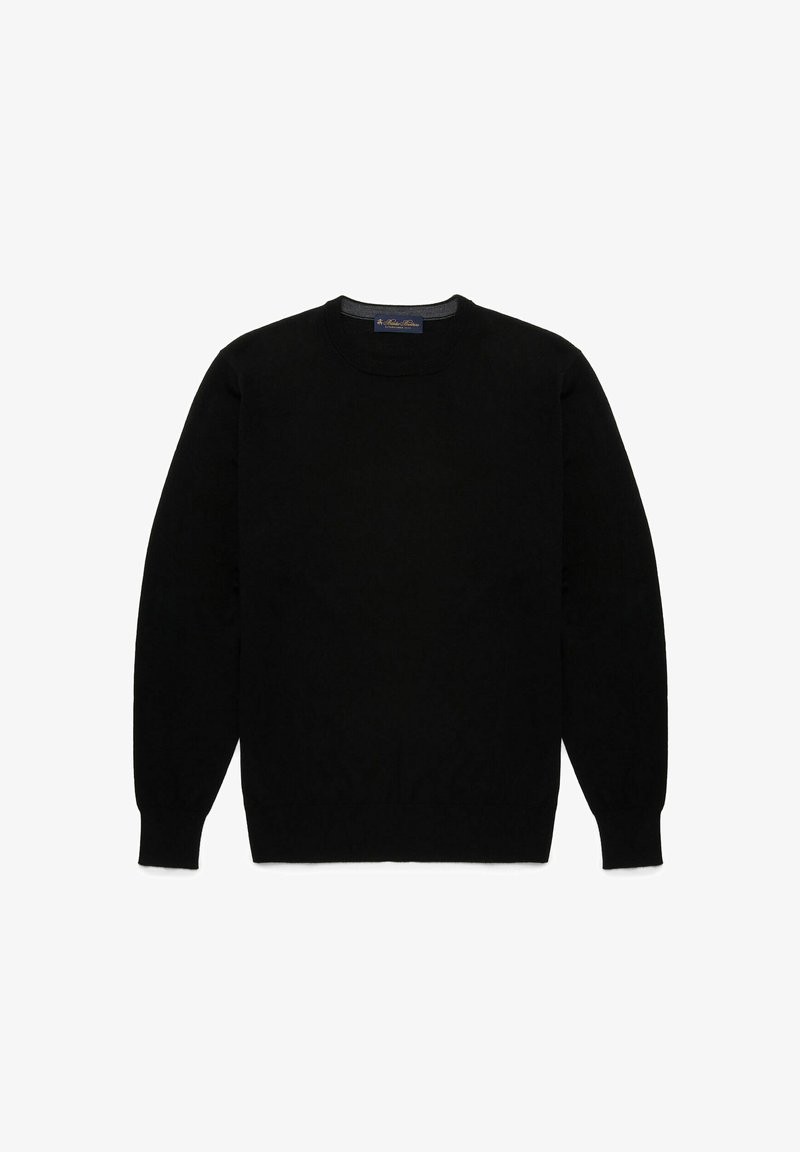 Schwarzer Pullover aus weichem Strickmaterial, mit langen Ärmeln, rundem Halsausschnitt und gerippten Bündchen und Saum. Einfaches, klassisches Design ohne Muster.