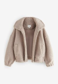 Faux pelsjakke i lys beige med en cropped design, oversized krave, lynlås lukning og forlommer. Blød tekstur med ribbede manchetter.