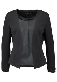 Blazer noir en tissu texturé avec une coupe ouverte sur le devant. Il présente des manches longues et une silhouette ajustée, doublé d'un matériau intérieur lisse.