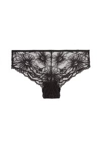 Culottes en dentelle noire avec des motifs floraux, une texture transparente et des bords festonnés. L'arrière comporte un panneau en dentelle opaque.