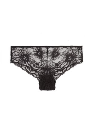 Black lace panties featuring floral designs, a sheer texture, and scalloped edges. The back has a solid lace panel.