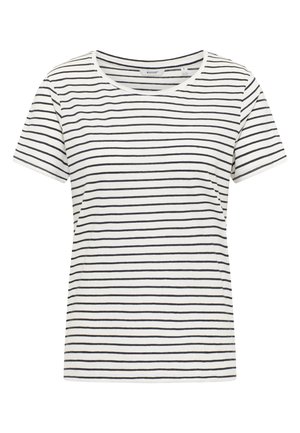 Gestreiftes T-Shirt aus weicher Baumwolle. Es hat horizontale marineblaue Streifen auf einem weißen Hintergrund, kurze Ärmel und einen runden Halsausschnitt.